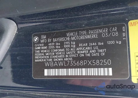 2008 BMW 335I from USA, damaged, VIN WBAWL73568PX58250